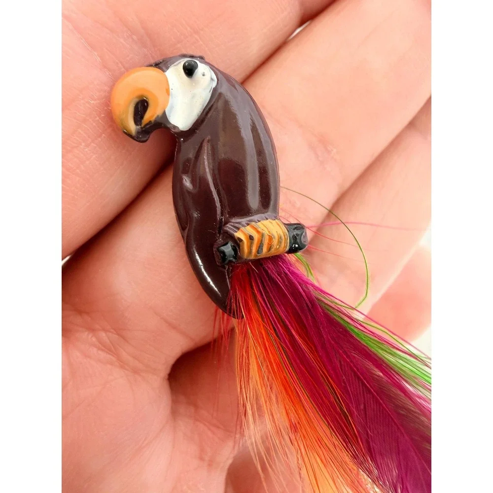 Vintage Enamel Mexican Feather Bird Brooch - Hand Painted Mid Century Parrot Pin